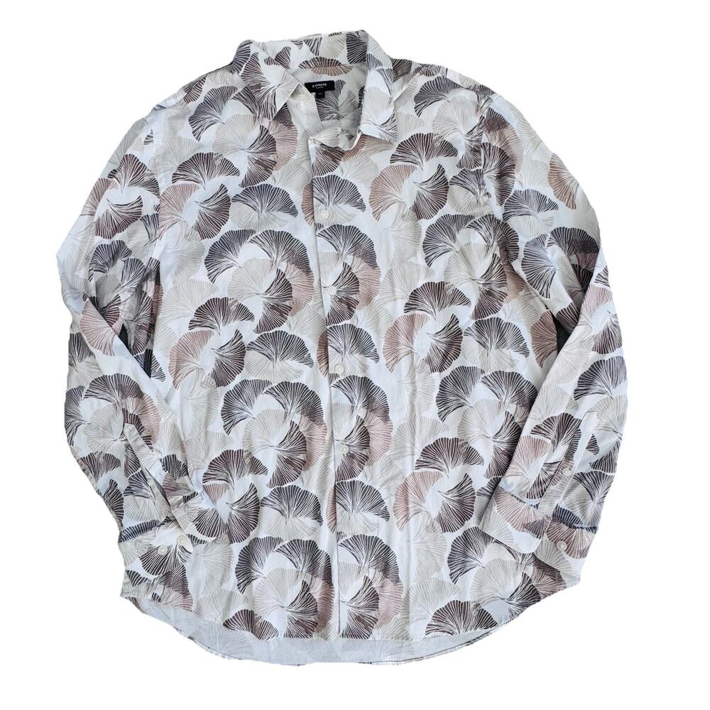 Express Slim 1MX Mens Ivory Palm Printed Button Down Shirt XL